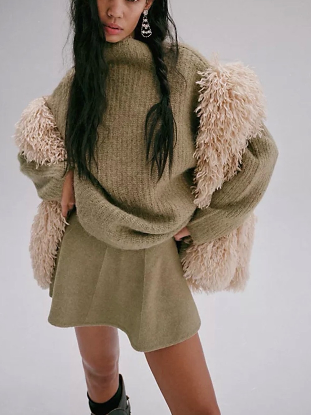 Cuddle me set Cozy Olive Knit Sweater & Skirt Set with Cream Shag Accent - Picture 1 of 2